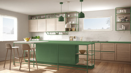 Modern white and green kitchen with wooden details and parquet floor, modern pendant lamps, minimalistic interior design concept idea, island with stools and accessories