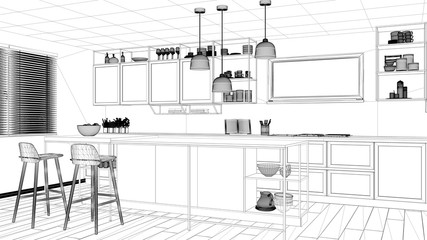 Fototapeta na wymiar Interior design project, black and white ink sketch, architecture blueprint showing modern kitchen, island with stools and accessories, contemporary architecture