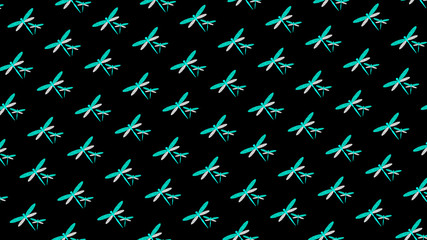 Blue neon dragonflies on black pattern spring background 3D illustration © Elvira