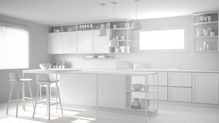 Total white project of kitchen with wooden details and parquet floor, modern pendant lamps, minimalistic interior design concept idea, island with stools and accessories