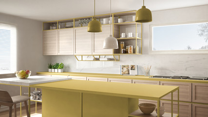 Modern white and yellow kitchen with wooden details and parquet floor, modern pendant lamps, minimalistic interior design concept idea, island with stools and accessories