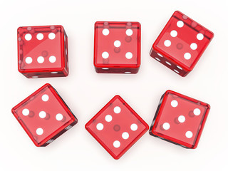 Red glass playing dice isolated on white background. 3D