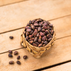 pine nut, wooden background, Siberian product