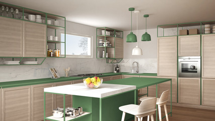 Modern white and green kitchen with wooden details and parquet floor, modern pendant lamps, minimalistic interior design concept idea, island with stools and accessories