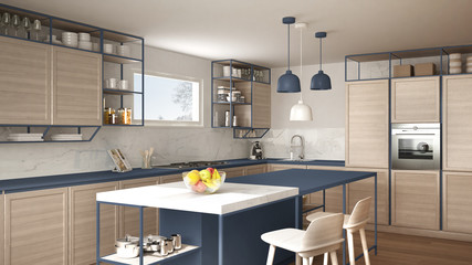 Modern white and blue kitchen with wooden details and parquet floor, modern pendant lamps, minimalistic interior design concept idea, island with stools and accessories