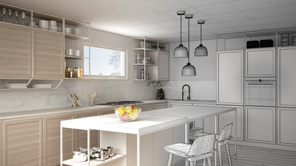 Architect interior designer concept: unfinished project that becomes real, kitchen with wooden details and parquet floor, minimalistic design idea, island with stools