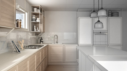 Architect interior designer concept: unfinished project that becomes real, kitchen with wooden details and parquet floor, minimalistic design idea, island with stools