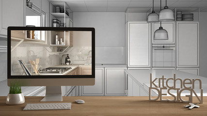 Architect designer project concept, wooden table with house keys, 3D letters words kitchen design and desktop showing draft, blueprint CAD sketch in the background, white interior design