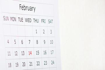 Calendar holiday February 14th Valentine's day is highlighted in red