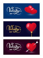 Happy Valentines day on blue, purple background, realistic red Hearts. Set of three template flyer. Vector