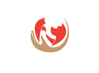 big family hand caring pets, dog and cat