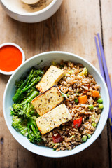 Spelt, broccoli, savoy cabbage with chargrilled tofu with sriracha 