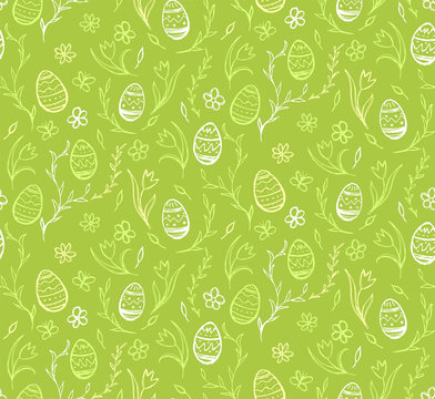 Seamless pattern sketches of easter eggs and flowers on green background.