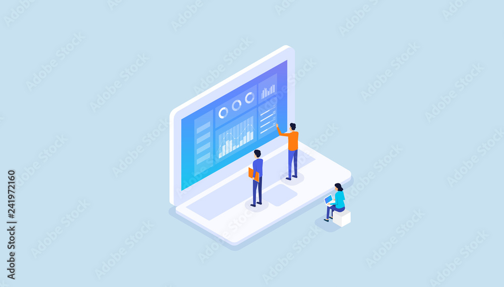 Leinwandbilder isometric business team analyst report graph on laptop monitor concept monitor and business team wor