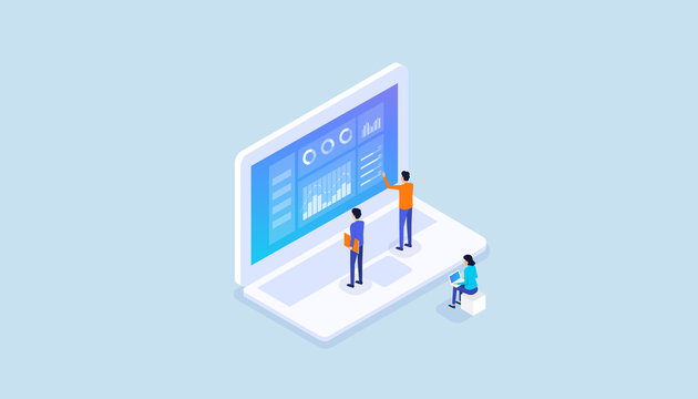 Isometric  Business Team  Analyst  Report Graph  On Laptop Monitor Concept Monitor And  Business Team Working