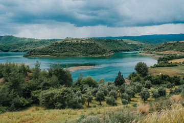 Fototapeta premium Beautiful Nature Landscape with lake and blue sky.