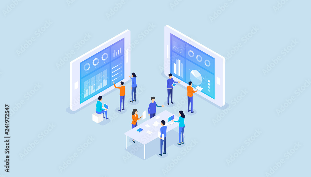 Poster isometric business analyst team on report graph dashboard monitor and business team working meeting 