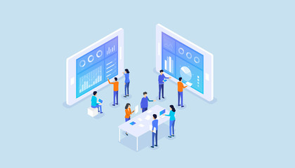isometric  business analyst team on report graph dashboard monitor and  business team working meeting concept