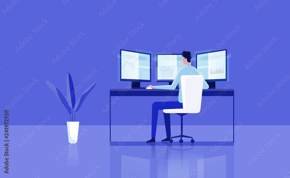 Poster flat illustration businessman analyzing financial graph and development on dashboard monitor concept