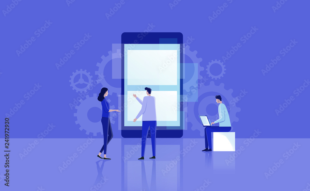 Aufkleber mobile application design and development process .with group business team working and project brainstorming concept