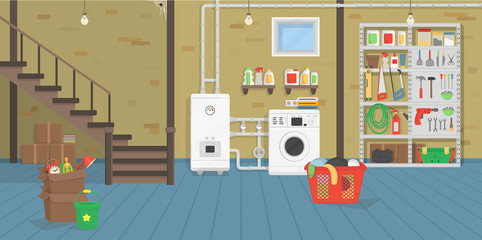  Basement with boiler, washer, stairs, shelf with tools. Vector illustration of flat cartoon style.