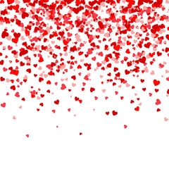 Fototapeta na wymiar Valentines Day Falling Red Hearts On White Background. Heart Shaped Paper Confetti. February 14 Greeting Card.