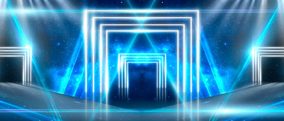 Background of empty room, lamps, neon light, smoke, fog. Neon Light Tunnel, Space Portal