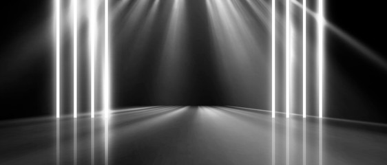 Background of empty room, lamps, neon light, smoke, fog. Neon Light Tunnel, Space Portal