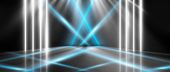 Background of empty room, lamps, neon light, smoke, fog. Neon Light Tunnel, Space Portal