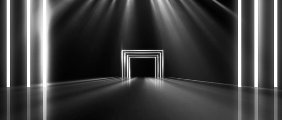 Background of empty room, lamps, neon light, smoke, fog. Neon Light Tunnel, Space Portal