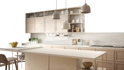 Modern white kitchen with wooden details, island with stools, interior design concept idea, isolated on white background with copy space, minimalist furniture