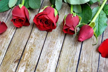 Red roses flower on the wooden background with copy space