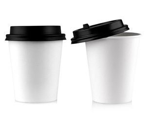 Paper coffee cup with black lid isolated on white background