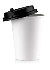 Paper coffee cup with black lid isolated on white