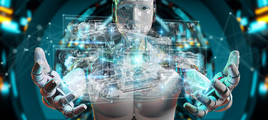 Obraz na płótnie Canvas Cyborg using wireframe holographic 3D digital projection of an engine