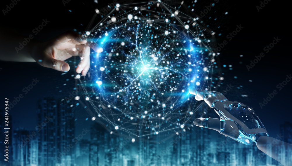 Leinwandbilder robot hand and human hand touching digital sphere network on dark background 3d rendering