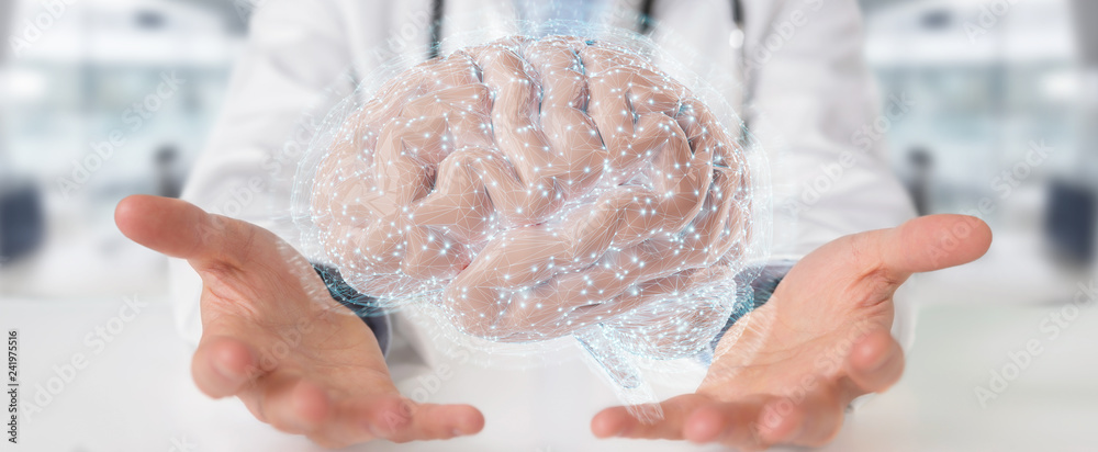 Poster Doctor using digital brain scan hologram 3D rendering