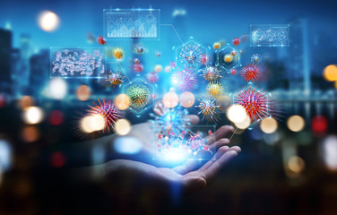 Businesswoman analyzing bacteria microscopic close-up 3D rendering