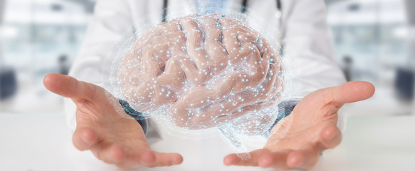 Doctor using digital brain scan hologram 3D rendering - obrazy, fototapety, plakaty
