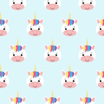 Vector seamless pattern with rainbow unicorns. Blue background.