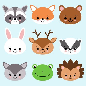 Cute cartoon anomals fox, raccoon, bear, bunny, deer, badger, wolf, frog, hedgehog