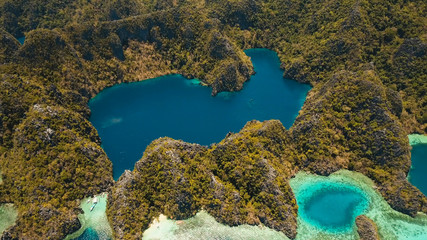 Aerial view mountain Barracuda lake, on tropical island, Lagoon with blue, azure water. Lake in the...