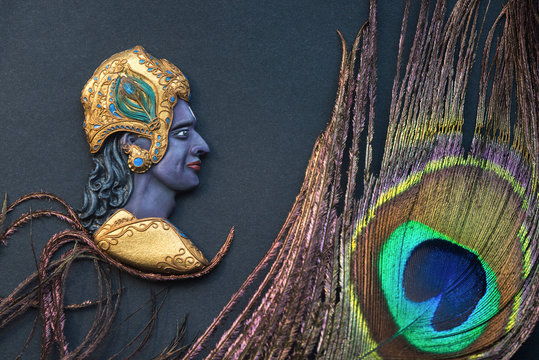 Krishna sculpture miniature with peacock feather