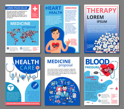 Medicine vector illustrations for marketing material, ads, annual report cover, business presentation. Brochure cover design and flyer layout templates set for medicine, health care, therapy. 
