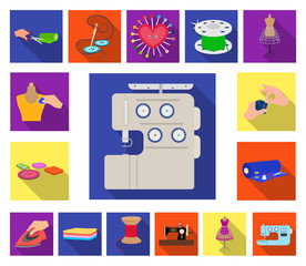 Atelier and equipment flat icons in set collection for design. Sewing of outer clothing vector symbol stock web illustration.