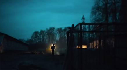 Post-Apocalypse scene shows silhouette of survivor who stays alone in abandoned city after world war