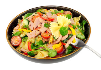 Ham and pasta salad meal isolated on a white background