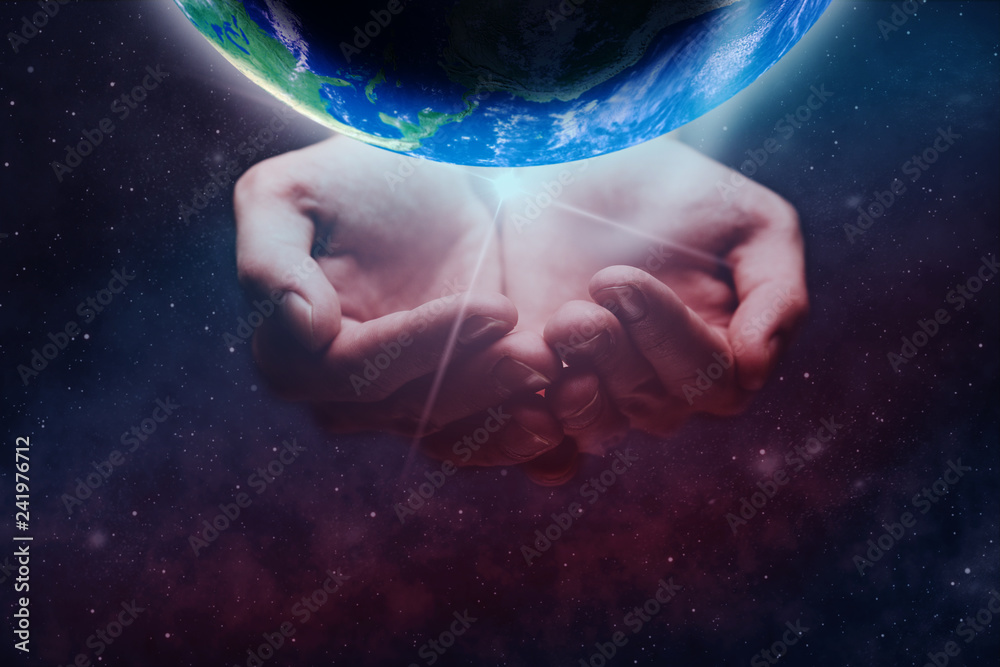 Aufkleber protect our world in human hands and nebula dust. mixed media .elements of this image furnished by n