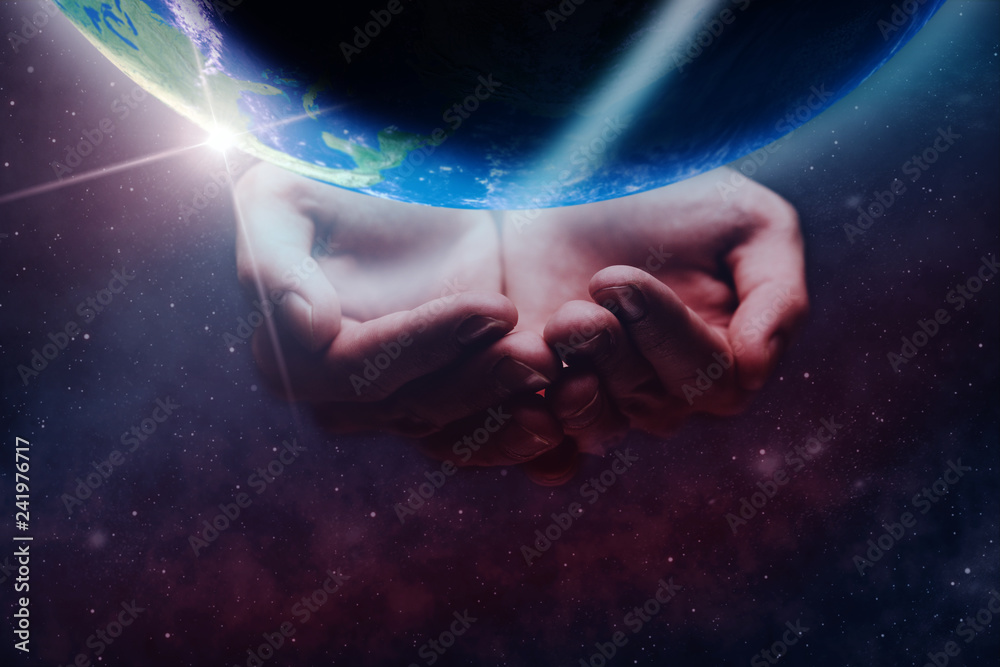 Aufkleber protect our world in human hands and nebula dust. mixed media .elements of this image furnished by n