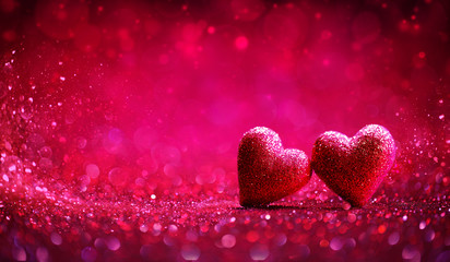 Two Red Hearts In Shiny Background - Valentine's Day
 - obrazy, fototapety, plakaty